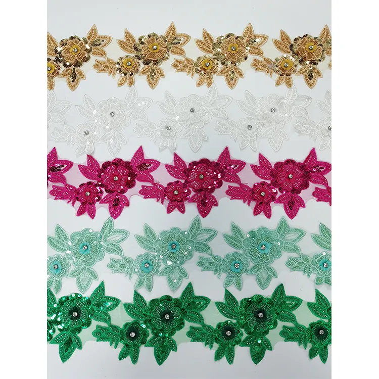 Dress Accessories Embroidery Handmade Rhinestone Lace Trim 3D Flower Trim Rhinestone Applique Trim