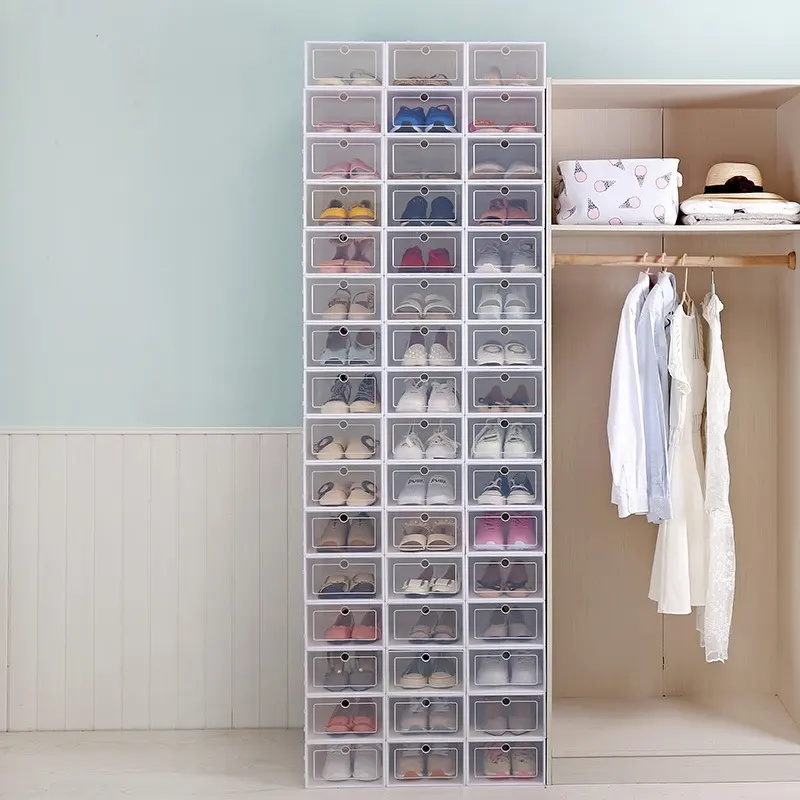 Modern Design Bedroom Foldable Clear Drawer Case Shoes Storage Box Plastic Stackable Shoe Organizer