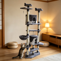 Arbre à chat multi-niveaux avec poteaux à gratter en sisal, condo en peluche pour chat, hamac de perchoir supérieur et jouet suspendu pour chats d'intérieur