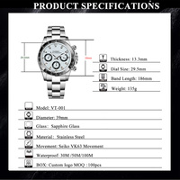 Montre à quartz à mouvement japonais VK63, verre saphir, personnalisable, best-seller, à assembler, faible quantité minimale de commande