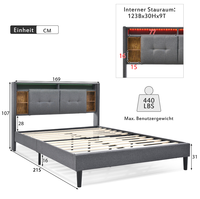 Lit moderne réglable avec espace de rangement, tête de lit avec chargeur USB et éclairage LED, cadre en bois 160*200 cm