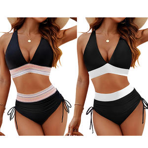 Kadın V boyun yüksek belli <span class=keywords><strong>Bikini</strong></span> setleri karın kontrol tasarımcı mayolar renk blok iki parçalı İpli - Product Image 1