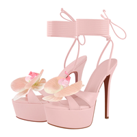 Sepatu Hak Tinggi Kulit PU Warna-warni Pink, Model Open Toe, Sandal Bertali Musim Panas, Sandal Platform Bunga, Ukuran Besar 46