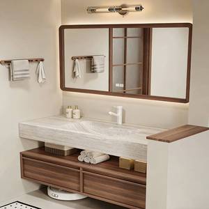 Customized large capacity storage intelligent LED mirror rock board integrated basin and antique style bathroom cabinet - Product Image 5