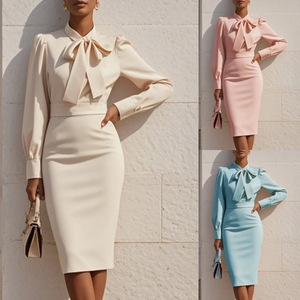 Nuevo Vestido de Otoño con Lazo en la Cintura, Color Puro, Estilo Elegante, <span class=keywords><strong>Ropa</strong></span> de <span class=keywords><strong>Mujer</strong></span> - Product Image 2