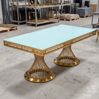 Table à manger moderne en acier inoxydable doré avec plateau en verre trempé pour hôtel et usage extérieur, événements de mariage et banquets