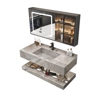 Meuble-lavabo mural moderne et minimaliste avec vasque intégrée en ardoise et armoire miroir LED intelligente pour salle de bain