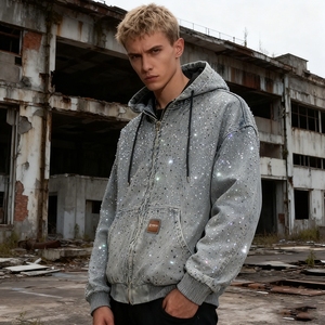 Herstellerdesigner Punk Baumwolle Übergroßer Reißverschluss-Hoodie mit Diamant-Strasssteinen Streetwear Vintage Herren Jeans-Denim-Jacke - Product Image 4