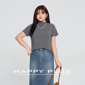Camiseta de Manga Corta con Cuello Alto para Mujer Happy Plus, Talla Grande, Tejida, de Color Sólido, Clásica, en Negro, Gris y Azul Marino - Product Image 3