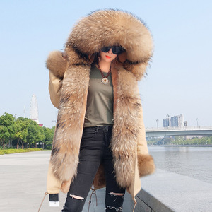 Veste d'hiver chaude Maomaokong pour femme avec col en vraie fourrure de raton laveur, manteau long en fausse fourrure, parka avec fourrure - Product Image 6