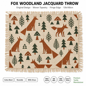 Manta Decorativa Fox Woodland con Diseño de Pino y Hongo, en Tonos Naranja, Crema y Rústicos, Estilo Escandinavo, Nórdico, Retro, Bohemio, Ideal para Regalo, Salón, Camping, Rincón, Picnic - Product Image 1