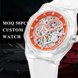 Individuelle hochwertige wasserdichte Herren-Armbanduhr mit Logo luxus Skelett automatische mechanische transparente Kunststoffuhr für Herren