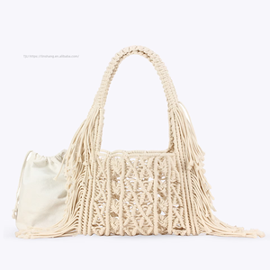 New Handmade Cotton Fabric Woven Tassel <b>Square</b> Drawstring Closure Bag Two Daily Leisure Work Seaside Vacation Tanjing - Product Image 6