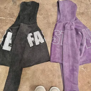 Huili tedarikçisi sıcak satış işlemeli Patchwork Hoodies erkekler özel Vintage yıkanmış sıkıntılı yama aplike Hoodie