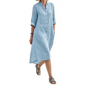 Vestido Camisero Holgado de Lino para Mujer, Color Sólido, con Botones al Frente, Forro de Algodón, Ropa Casual para Vacaciones, Playa y Viajes de Verano - Product Image 1
