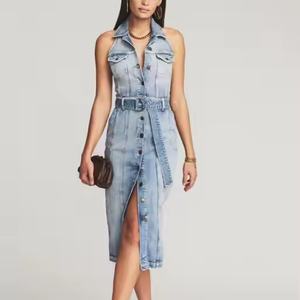 Vestido vaquero de verano al por mayor, elegante y sexy, sin mangas, con espalda descubierta, 100% algodón, con abertura, lavado ácido, estilo modesto - Product Image 4