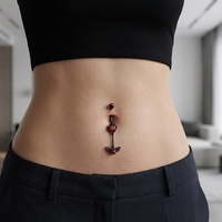 Piercing de nombril en acier inoxydable 316L 14G, barbell incurvé avec pendentif chauve-souris hexagonal noir et zircon rouge, à filetage interne