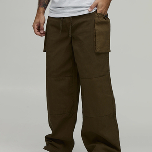 Custom <b>Men</b> <b>Brown</b> <b>Cargo</b> Pants Wide Leg Drawstring Cotton Loose Fit Utility Streetwear <b>Trousers</b> - Product Image 1