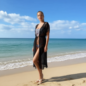 Copricostume Sogno D'Oro in Rete Nera, Kimono Lungo da Spiaggia per Donne, Taglie M L XL - Product Image 5