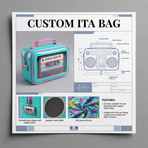 Sac Ita rétro personnalisé style lecteur de cassette, avec doublure Pop Art des années <span class=keywords><strong>80</strong></span>, détail en maille pour haut-parleur, tirette de fermeture éclair en forme de cassette métallique, sac esthétique pour merchandising - Product Image 1