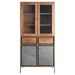 Meuble de rangement moderne en bois d'acacia avec cadre en acier doux, finition bois naturel, texture ciment, revêtement métallique noir - Product Image 6