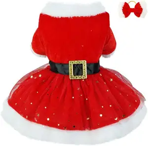 Dog Christmas Costume Puppy Tulle Dress Santa Claus Pet Clothes Velvet Skirt Warm Outfit Dog Winter Coat