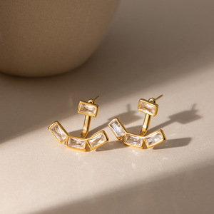 Geometric <b>Stud</b> <b>Earrings</b> 18K Gold Plated Square Zircon Bezel Setting Everyday Wear - Product Image 4