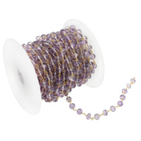 Chaîne de chapelet en améthyste facettée en forme de rondelle, plaquée or 18 carats, en laiton, avec pierres précieuses enveloppées de fil, vendue au mètre