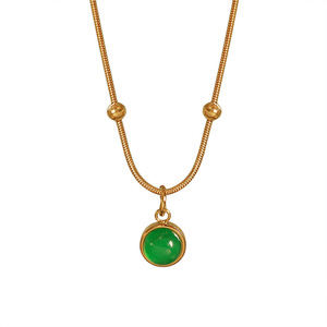 Green Aventurine Round Pendant Necklace 18k Gold Plated <b>Titanium</b> Steel Clavicle <b>Chain</b> Everyday Wear - Product Image 5
