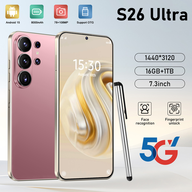 Original S26 Ultra 5G Android Phone with 7.3 Inch HD Screen MTK Unlocked Smart Features Face Recognition