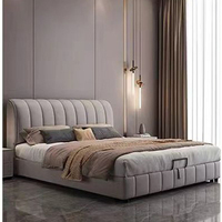 Cadre de lit double de rangement italien luxueux et crème King-Size Minimaliste Chambre à coucher principale Tissu non lavable Technologie bon marché