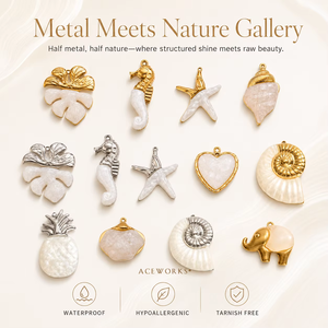 Galerie Métal Rencontre Nature |   Charmes en coquillages naturels en acier inoxydable plaqué or 18K PVD |   Pendentifs en nacre en forme d'éléphant et d'ananas - Product Image 1