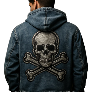 Veste en jean à capuche pour homme avec patch brodé tête de mort et os croisés au dos, style punk streetwear - Product Image 1