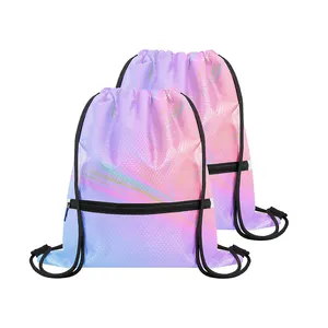 Holographic Waterproof Drawstring Swim Backpack With Zipper Pocket Cinch Bags