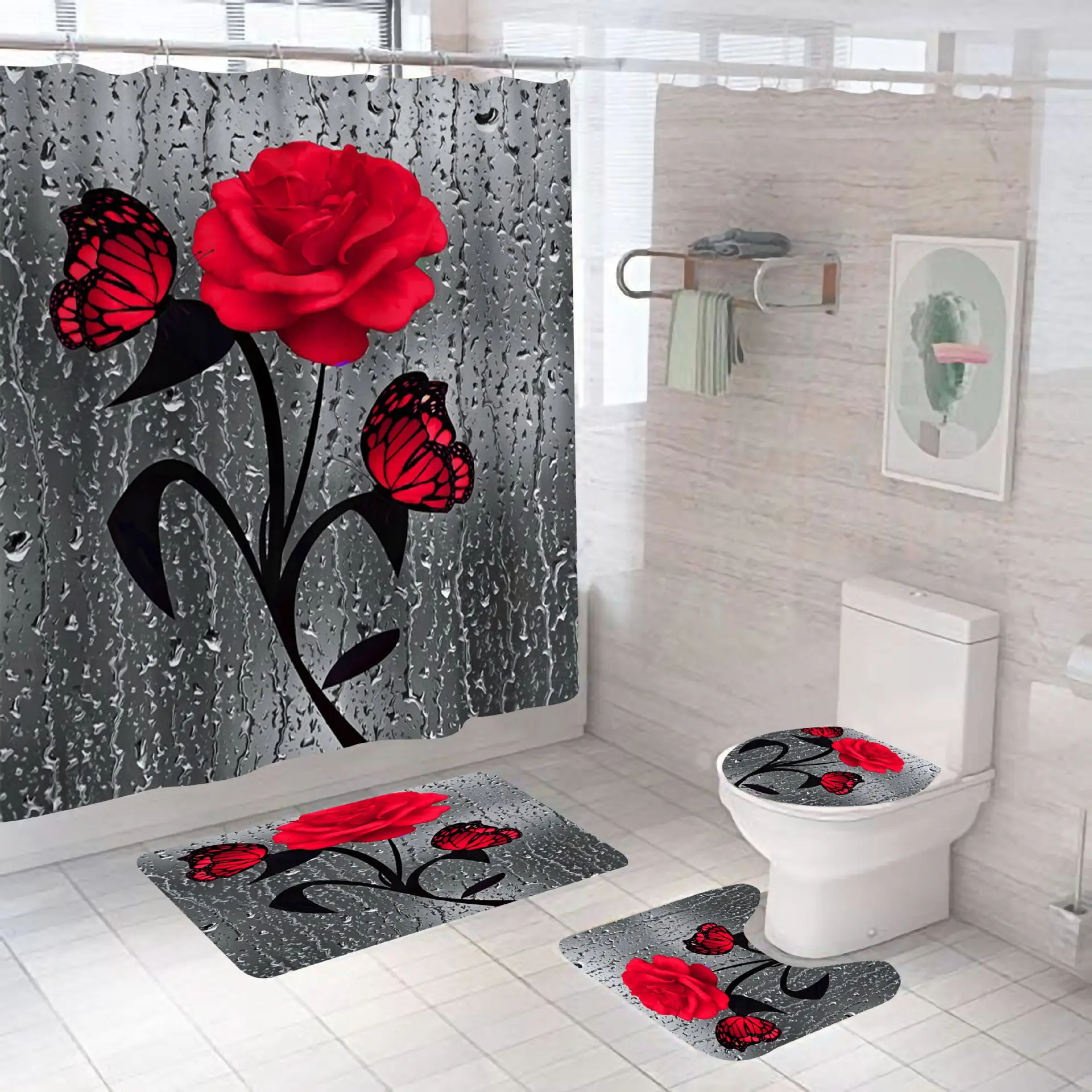 Hot selling 3D printing water drop rose waterproof polyester shower curtain for bathroom
