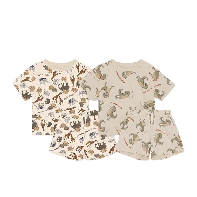 1個カスタムタグアニマルコットン衣装夏新生児幼児男の子女の子服OネックTシャツショーツベビー服セット