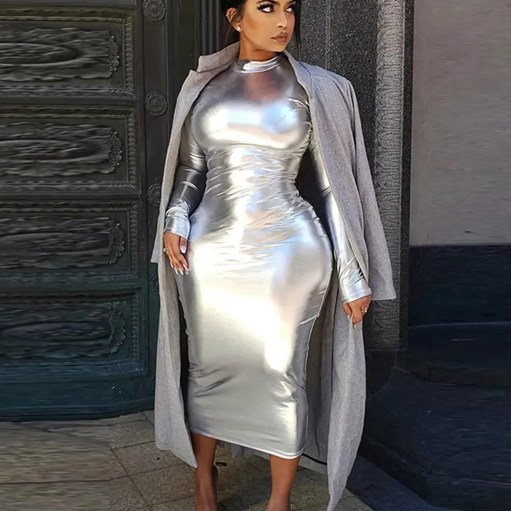 Sexy Silver Bright Metallic Party Bodycon Midi Dress Women Long Sleeve Turtleneck Casual Elegant Club Vestidos 2023 Fashion