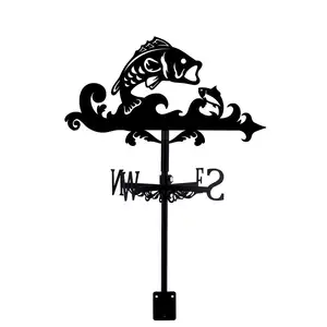 Bass Fish Weather Vane Wrought Iron Animal Metal Weathercock Outdoor Farmhouse Decoration Garden Wind Measuring Tool Garden