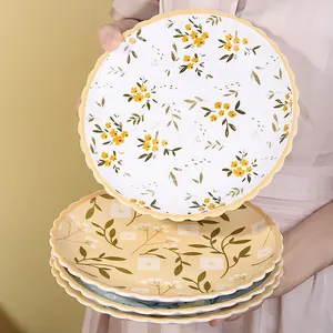 Nordic Style Thanksgiving Day Gifts Unique Printed Flower Decorative Restaurant Dinnerware Ceramic White Plates With Lace Design