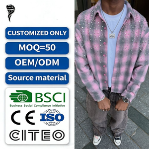 Custom New Design Best Selling Custom Rhinestone Plaid Flannel Shirt Long Sleeve Button <b>Down</b> Streetwear Casual Shirt for Men - Product Image 1