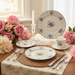 Juego de Vajilla de Porcelana China con Diseño de Rosas Azules Vintage, Plato de Cerámica con Rayas Retro, Taza de Café <span class=keywords><strong>y</strong></span> Tazón de Porcelana para Bodas <span class=keywords><strong>y</strong></span> Hoteles - Product Image 3