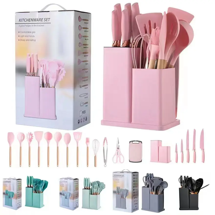 19pcs Accessoires de cuisine ustensiles de cuisine en gros silicone ustensiles de cuisine set avec bois