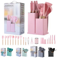 19pcs Peralatan Dapur Ustensiles De Cuisine Grosir Set Peralatan Masak Silikon dengan Gagang Kayu