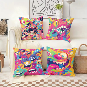 Bantal hias monster kartun yang cerah menghiasi sofa ruang tamu yang nyaman dengan kaus kaki liburan yang meriah di latar belakangnya. - Product Image 2