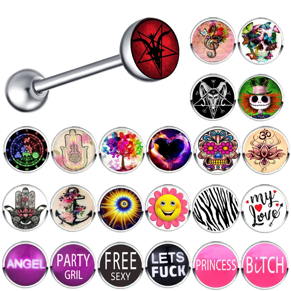 Different Styles Surgical Steel Tongue Rings 16mm Straight Ear Bar Logo Nipple Barbell 14 Gauge Body Piercing Jewelry For Sexy