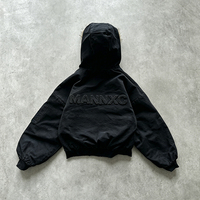 Parka à capuche en fausse fourrure avec logo personnalisé, fermeture éclair, broderie de logo au dos, manteau cargo d'hiver en toile noire surdimensionné avec étiquette tissée