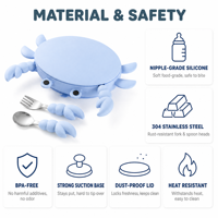 Assiette cuillère fourchette en silicone en forme de crabe de dessin animé mignon ensemble vaisselle d'aspiration sans BPA de qualité alimentaire pour enfants et tout-petits sevrage