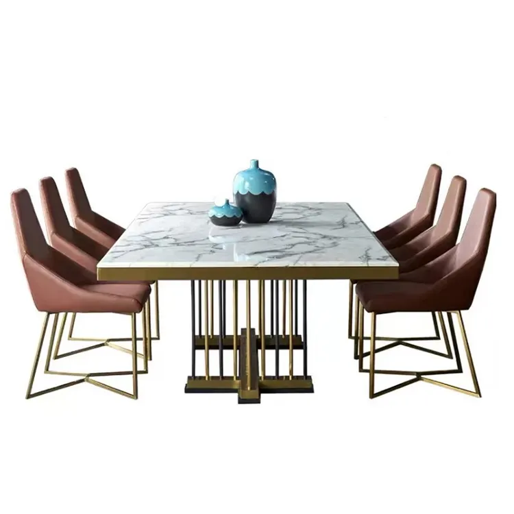 Ensemble de Table à manger en marbre italien, Table de salle à manger classique, pieds en acier inoxydable, 8 places
