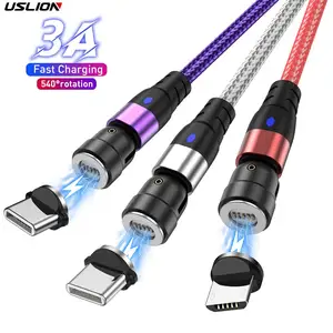 सैमसंग के लिए USLION 1M 540 रोटेट 3 इन 1 USB मैग्नेटिक USB केबल टाइप C चार्जिंग डेटा केबल माइक्रो USB