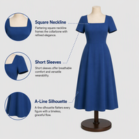 Robe Midi en Gros 200GSM Coton Doux Col Carré Manches Courtes Coupe Évasée Femme Bleue Décontractée Logo Personnalisé OEM